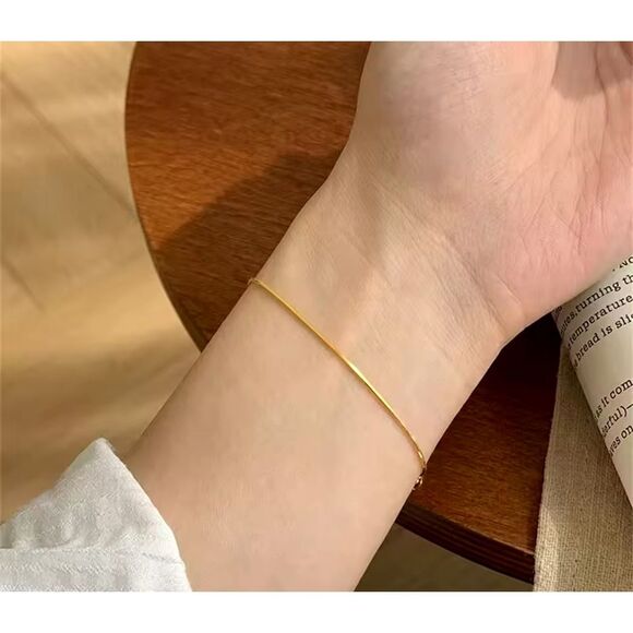 Minimalist 14k Gold-Tone Stainless Steel Snake Chain Bracelet Adjustable Length - Picture 4 of 6